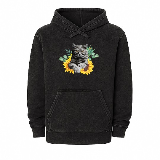 Black Cat With SunFlowers, Gifts For Kitten Lovers Mineral Wash Hoodies