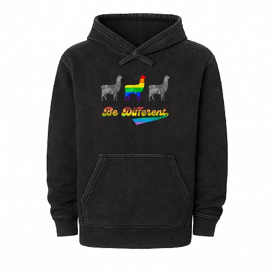 Llama Alpaca LGBTQ Gay Pride Rainbow Flag Differen Mineral Wash Hoodies