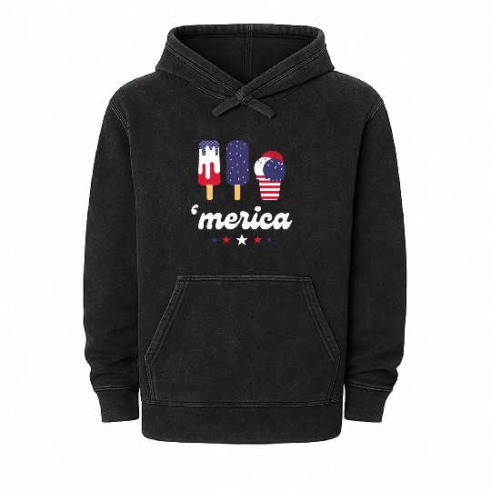 Ice Cream Patriotic Popsicles US Flag Merica Mineral Wash Hoodies