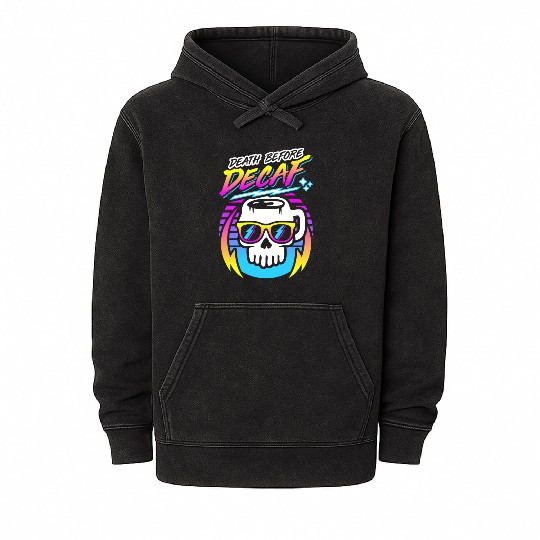 Death Before Decaf (Skull Mug) Retro Neon 80s 90s Mineral Wash Hoodies