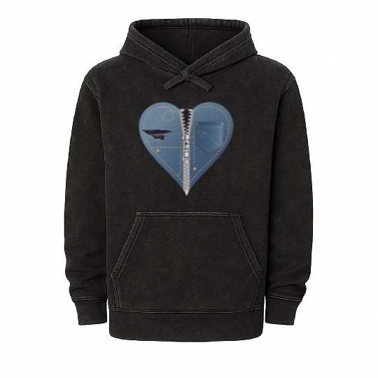 light blue heart in jeans look with zipper Mineral Wash Hoodies