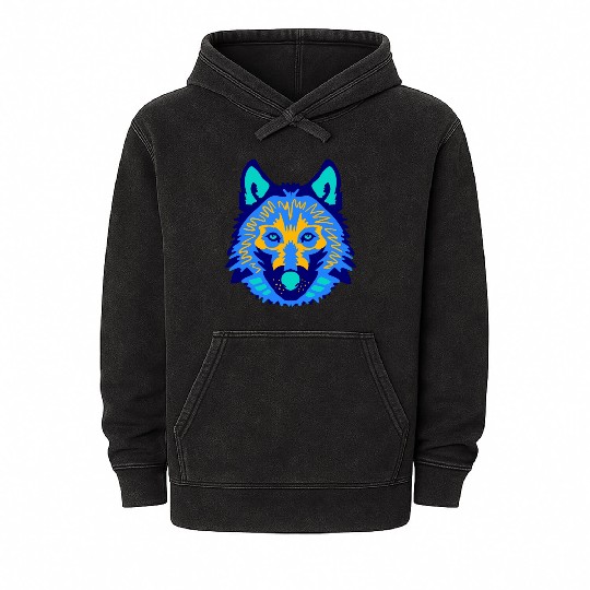 blue wolf face Mineral Wash Hoodies