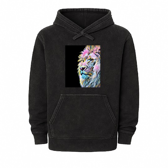 Artistic Colorful Lion Head Wild Animal Mineral Wash Hoodies