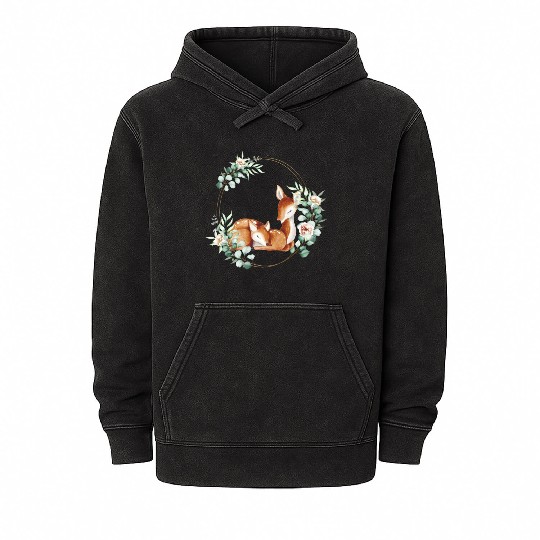 White-tailed Mommy and Baby Deer in a Floral Gold Mineral Wash Hoodies