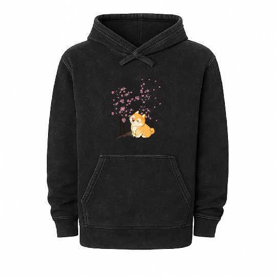Cute Cherry Blossom Japanese Art Kawaii Shiba Inu Mineral Wash Hoodies