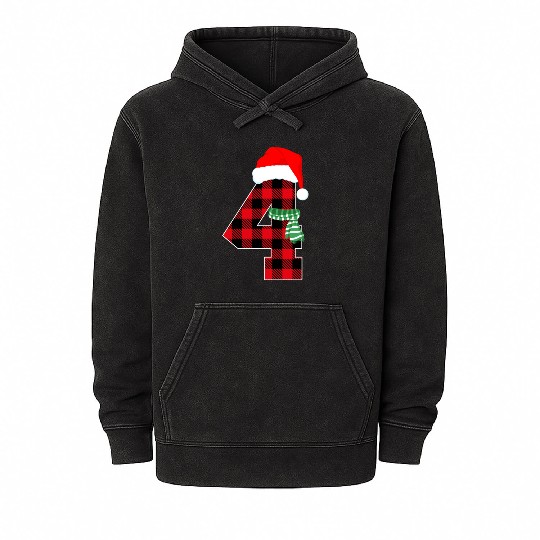 Number 4 Christmas Theme Xmas 4th Bday 4 Year Old Mineral Wash Hoodies