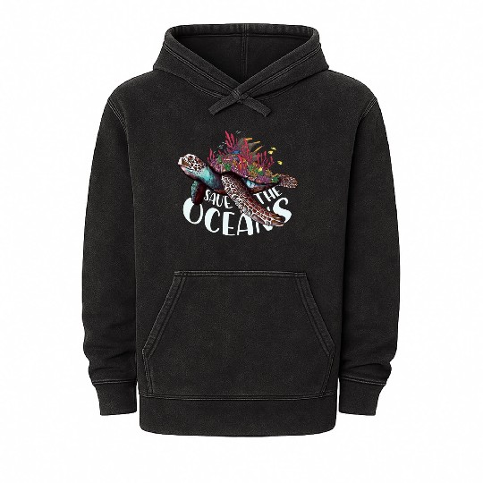 Save The Ocean Sea Turtle Reefs Cartoon Mineral Wash Hoodies