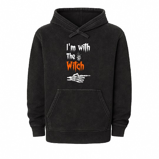 I'm with the witch, Scary and funny witch skull Mineral Wash Hoodies