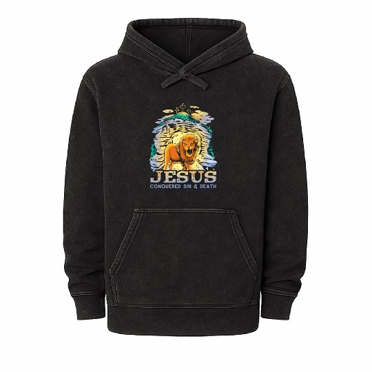 Jesus Conquered Sin And Death Inspirational Lion Mineral Wash Hoodies