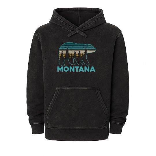 Montana Vintage Grizzly Bear Nature Hiking Souveni Mineral Wash Hoodies