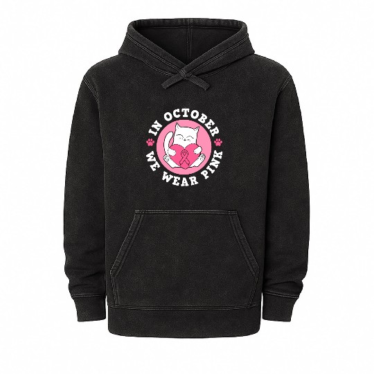 In October We Wear Pink Breast Cancer Warrior Cat Mineral Wash Hoodies