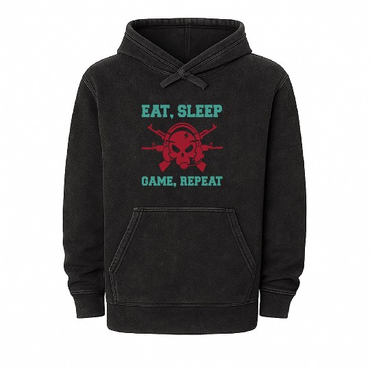 Eat Sleep Game Repeat | Video Game Console Gaming Mineral Wash Hoodies
