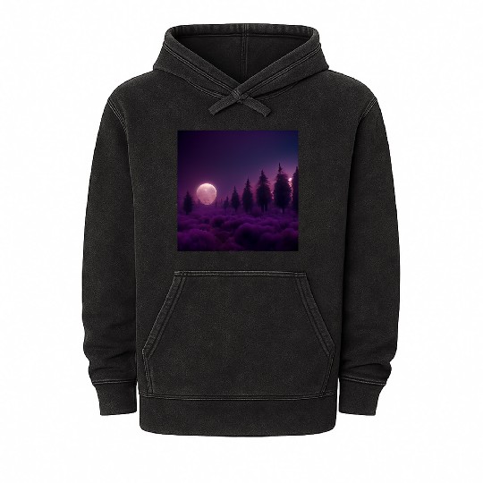 Forest in night above purple clouds, moon Mineral Wash Hoodies
