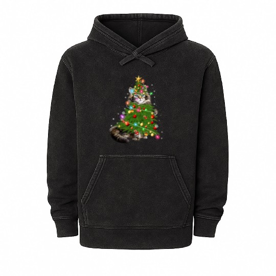 Cat Maine Christmas Tree Holiday Cat Lovers Xmas Mineral Wash Hoodies