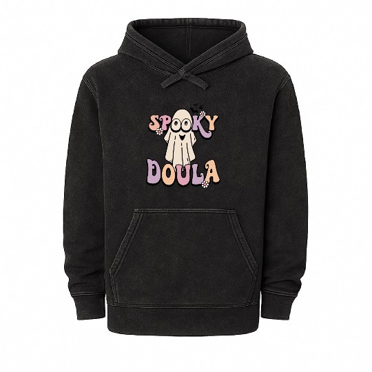 Cute Spooky Doula Halloween Retro Mineral Wash Hoodies