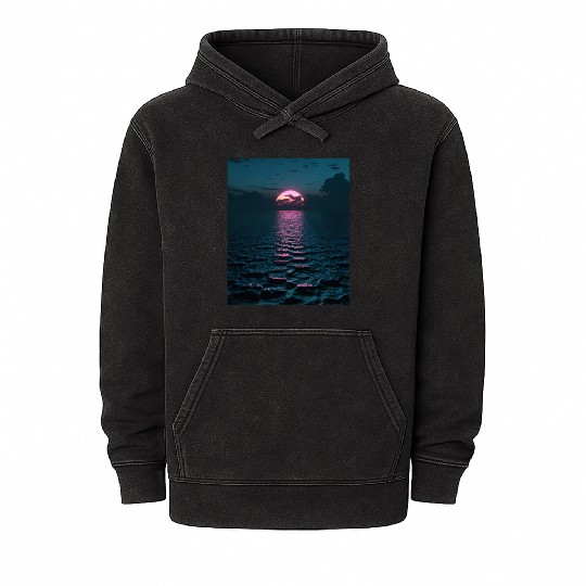 Vaporwave Aesthetic Sunset Above Dark Sea Mineral Wash Hoodies