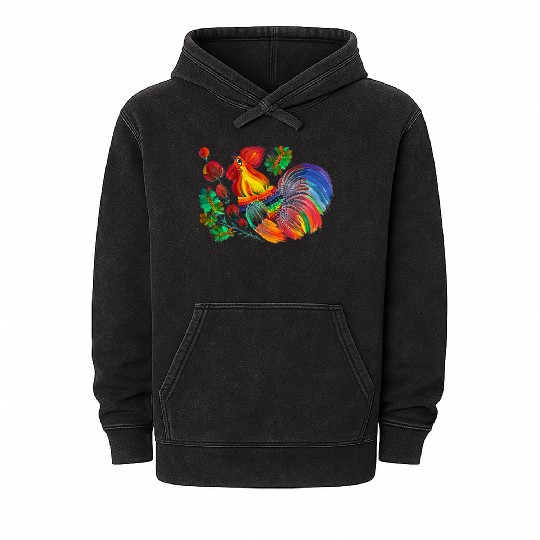 Magic cock. Petrykivka painting. Rainbow rooster Mineral Wash Hoodies