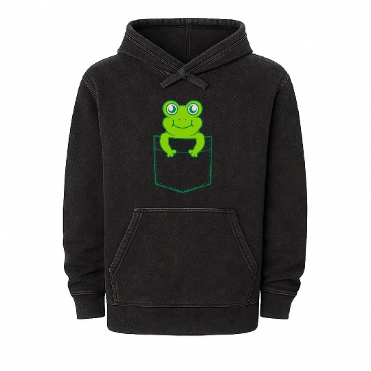 Mineral Wash Hoodies pocket small cute frog