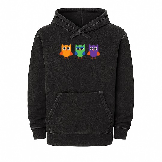 Cute Owl Design Sweet Comic Birds with Funny Faces Mineral Wash Hoodies