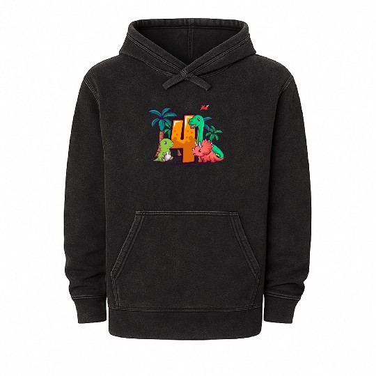 4th Birthday Trex Triceratops Dinosaur 4 Year Mineral Wash Hoodies