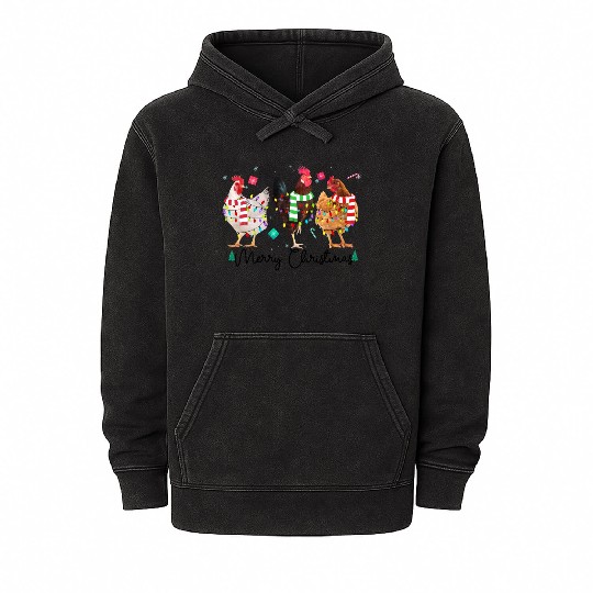 Merry Christmas Funny Chicken With Christmas Light Mineral Wash Hoodies