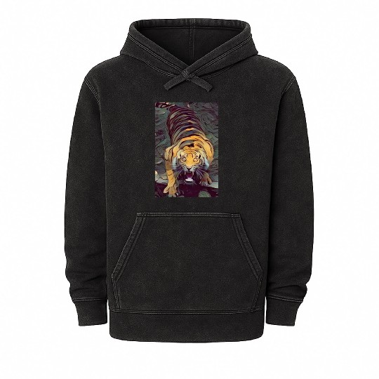 Tiger Color Painted Looking Up Mineral Wash Hoodies