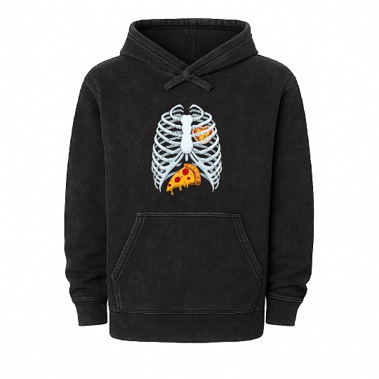 Funny PIzza Skeleton Rib Cage Halloween Costume Mineral Wash Hoodies