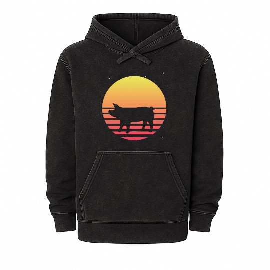 Farm Animal Lover Farmer Gift Retro Vaporwave Pig Mineral Wash Hoodies