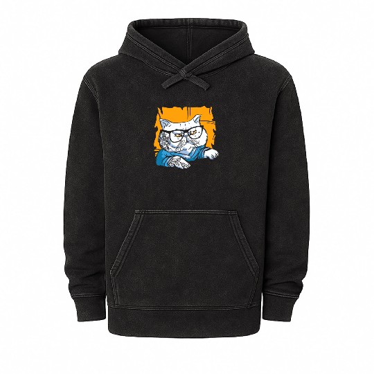 Stylish Nerd Persian Cat Beanie Glasses Tattoo Mineral Wash Hoodies