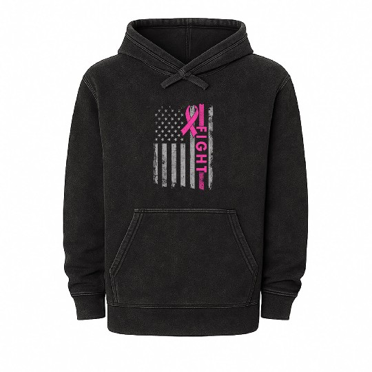 Fight Breast Cancer Awareness Pink Ribbon US Flag Mineral Wash Hoodies