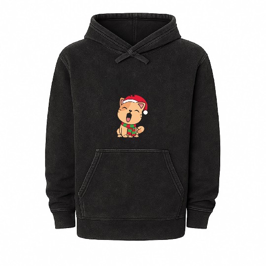 Cute Christmas Cat Singing Fa la la la Song Mineral Wash Hoodies