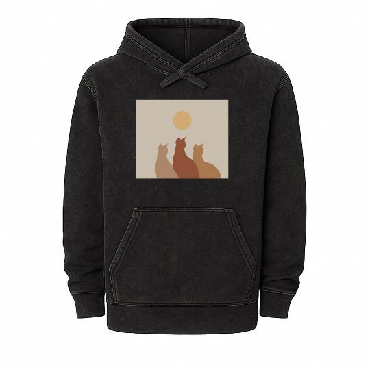 Abstract Boho Cats Relaxed Aesthetic Beige Minimal Mineral Wash Hoodies