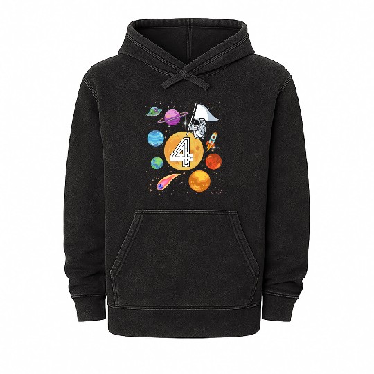 Kids 4 Years Old Astronaut Four Birthday Boy Mineral Wash Hoodies