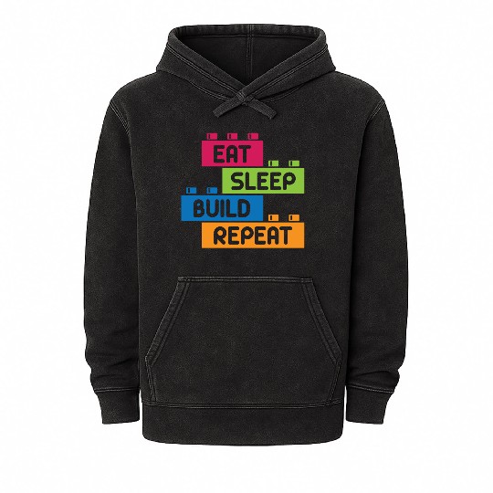 Funny Quote Retro Eat Sleep Build Toy Brick Mineral Wash Hoodies