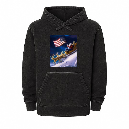 Patriotic Christmas Santa With US Flag Sled And Mineral Wash Hoodies