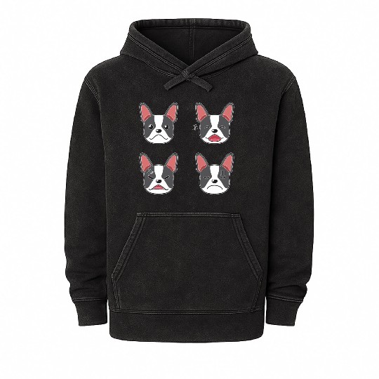 Funny Boston Terrier Dog Cartoon Faces Mineral Wash Hoodies