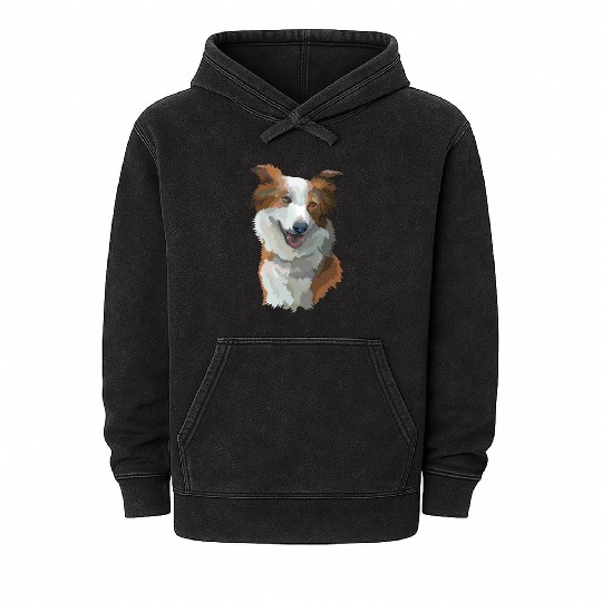 Cute Brown Border Collie Dog Watercolor Painting Mineral Wash Hoodies