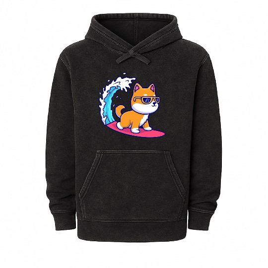 Cute Shiba Inu Dog Surfing in Sea Mineral Wash Hoodies