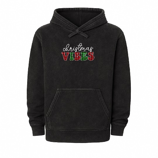 Christmas Vibes Buffalo Plaid Retro Christmas Mineral Wash Hoodies