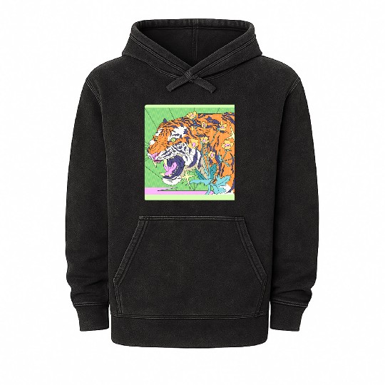 Tiger in a flower garden in a retro fantasy design Mineral Wash Hoodies