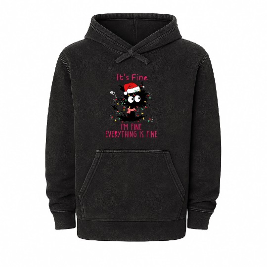 Everything's Fine Black Cat Tangled in XMAS Light Mineral Wash Hoodies