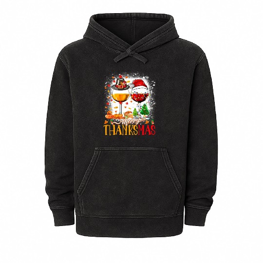 Merry Thanksmas Santa Hat Thanksgiving Christmas Mineral Wash Hoodies