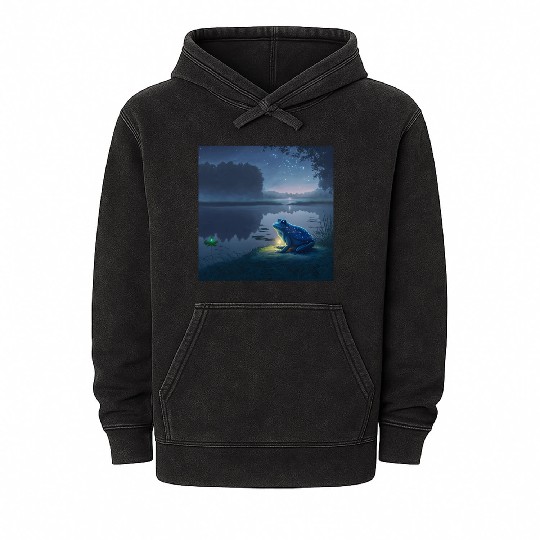 Blue Frog and Firefly on a pond at Night Mineral Wash Hoodies