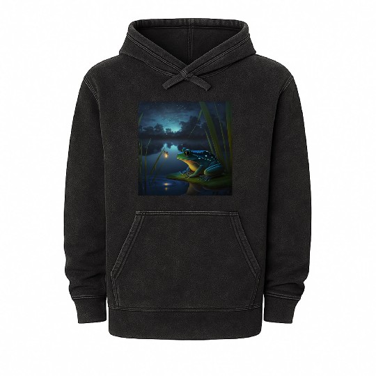 Frog and Firefly Friends on the Pond at Night Mineral Wash Hoodies