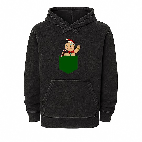 Christmas gingerbread man in breast pocket gift Mineral Wash Hoodies