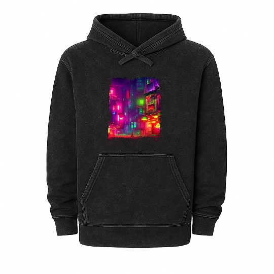 Cool Japanese World Japan Neon City Mineral Wash Hoodies