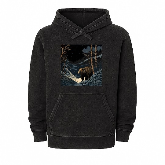 Ukiyo bear in forest landscape at night winter Mineral Wash Hoodies