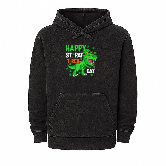 Happy St Pat T-Rex Saint Patrick's Day Dinosaur Bo Mineral Wash Hoodies