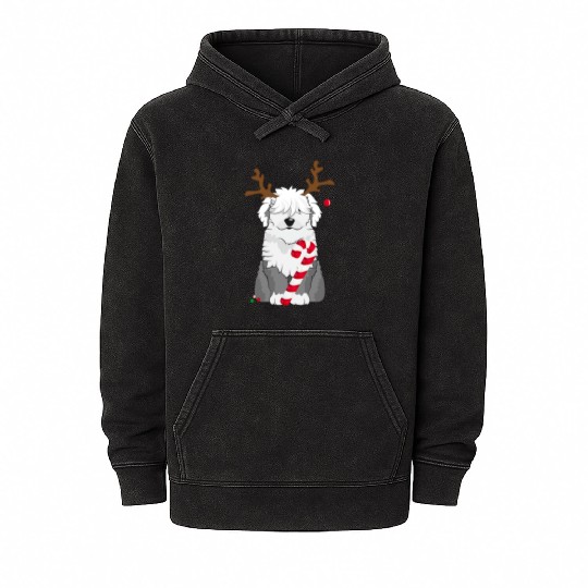 Bobtail dog with candy cane and reindeer antlers Mineral Wash Hoodies
