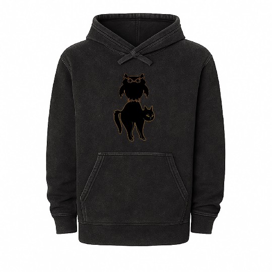 A Black Cat And A Black Owl: Owl And Cat Lovers Mineral Wash Hoodies